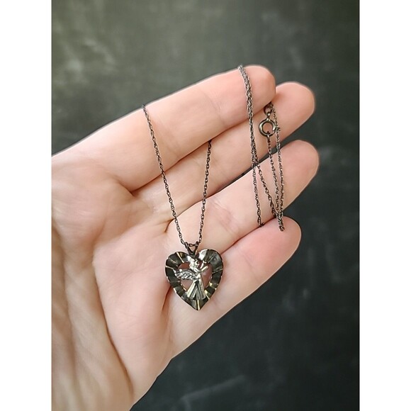 925 Sterling Silver Open Heart Angel Pendant Necklace Vintage - Picture 2 of 10